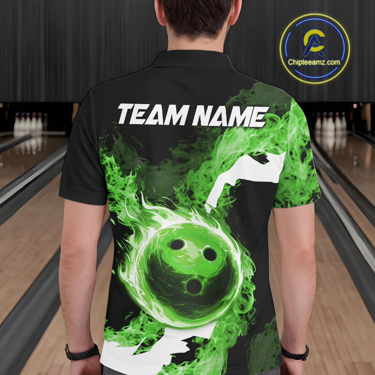 Green Flame Fire Bowling Shirts for Men Custom Bowling Team Jersey Bowling Polo & Quarter-Zip Shirts NQS11752