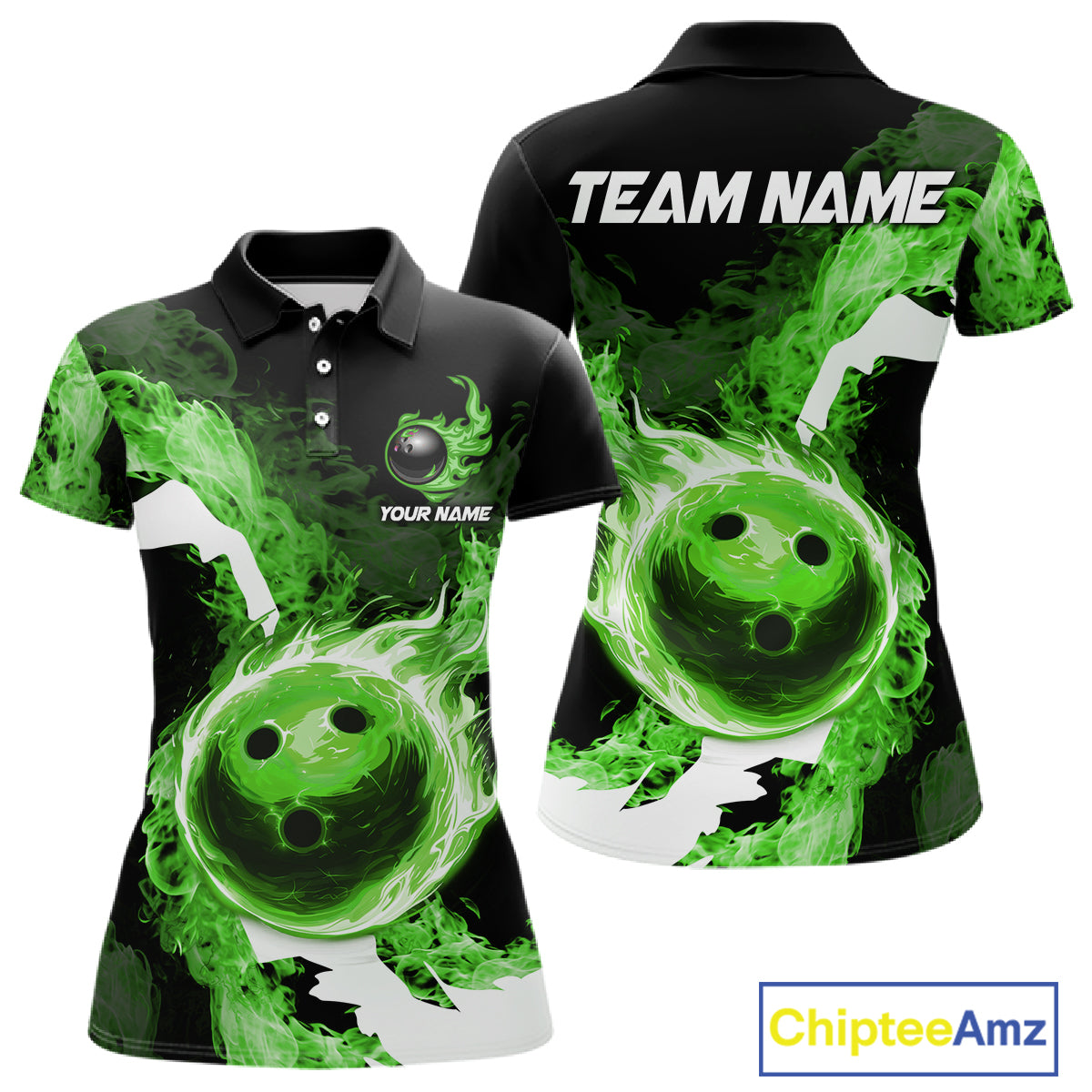 Green Flame Fire Bowling Shirts for Women Custom Bowling Team Jersey Bowling Polo & Quarter-Zip Shirts NQS11752
