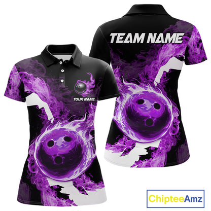 Purple Flame Fire Bowling Shirts for Women Custom Bowling Team Jersey Bowling Polo & 1/4-Zip Shirts NQS11753