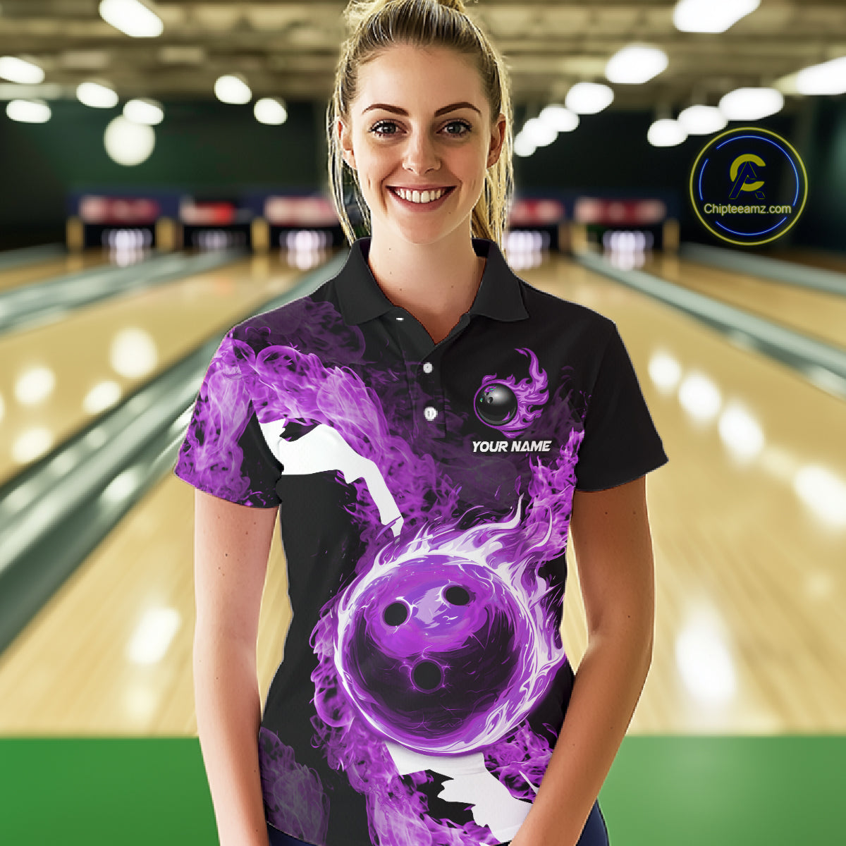 Purple Flame Fire Bowling Shirts for Women Custom Bowling Team Jersey Bowling Polo & 1/4-Zip Shirts NQS11753