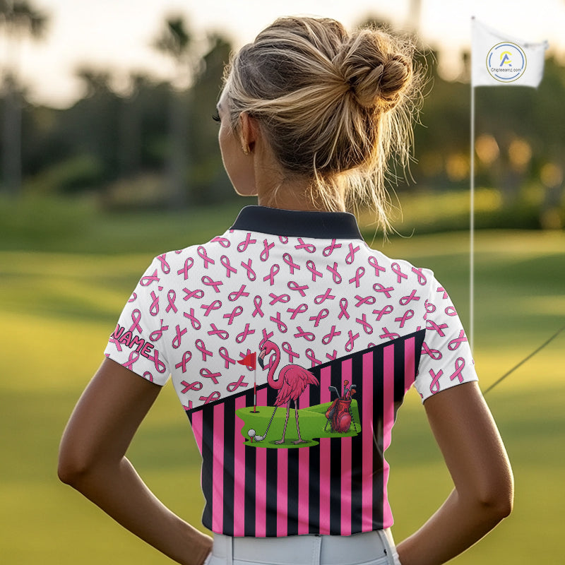 Pink ribbon pattern flamingo Women golf polo shirts Custom breast cancer awareness ladies golf outfit NQS10149