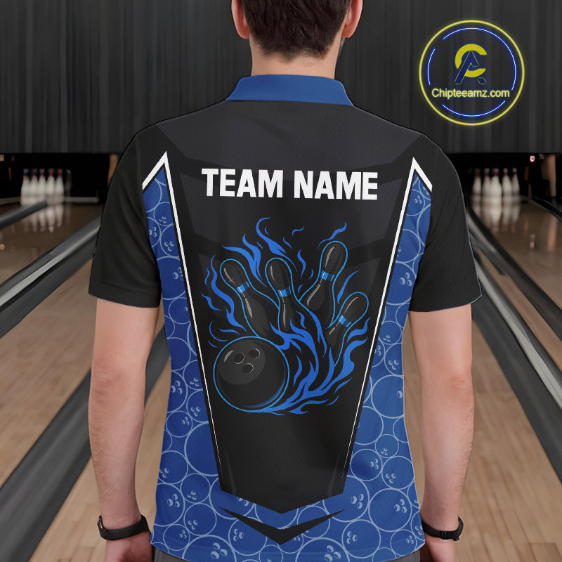 Black and Blue Camo Flame Mens Bowling Polo, quarter zip shirts Custom team bowling league jersey NQS10150