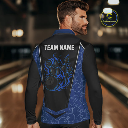 Black and Blue Camo Flame Mens Bowling Polo, quarter zip shirts Custom team bowling league jersey NQS10150