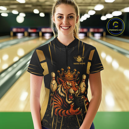 Personalized Black and Gold Tiger Bowling Shirt For Women Custom Team bowling jersey, gift for Bowler NQS10474