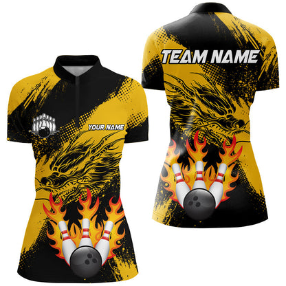 Black And Gold Custom Flame Dragon Bowling Shirts For Women, Dragon Retro Bowling Team Shirts NQS8505