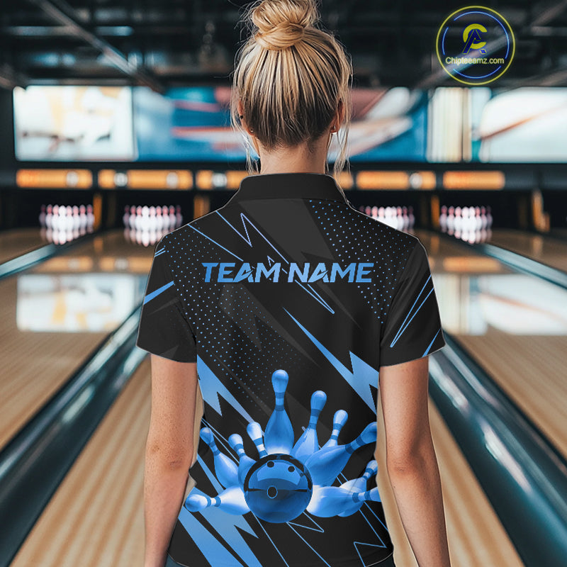 Custom Black and Blue Bowling Polo, Quarter Zip Shirts for Women, Team Bowling League Jersey NQS10892