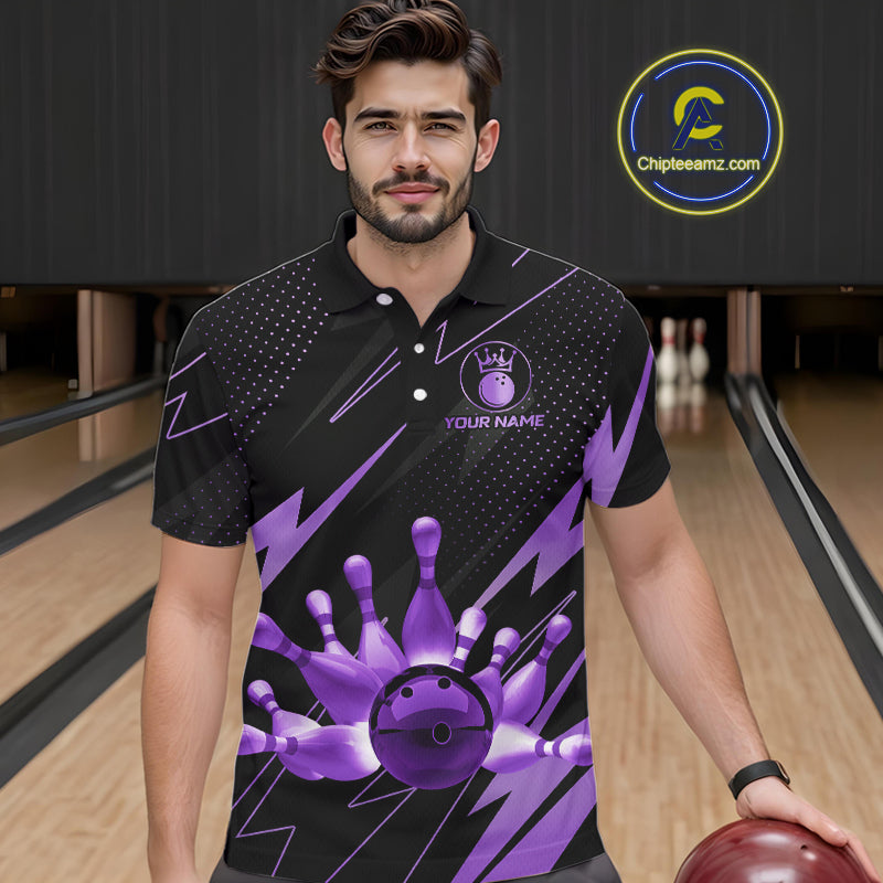 Custom Black and Purple Bowling Polo, Quarter Zip Shirts for Men, Team Bowling League Jersey NQS10894
