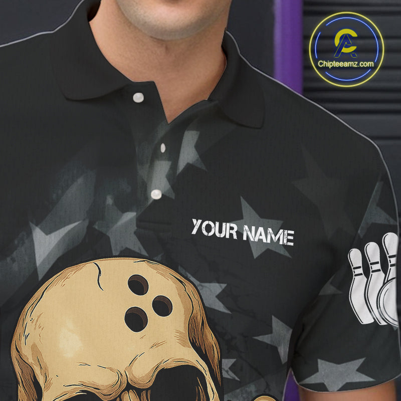 Personalized Black American Flag Skull Bowling Shirts For Men Custom Team's Name Skull Bowler Jerseys NQS11082
