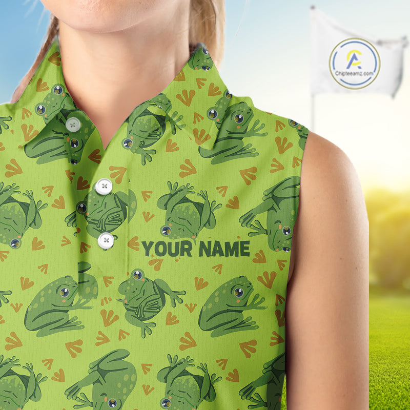 Funny Green Frog pattern Women Sleeveless polo shirt Custom ladies golf top, personalized golf gifts NQS11284