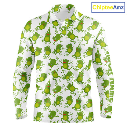 Funny Green Frog pattern Mens Golf polo shirts Custom golf attire for men, gift for golfers NQS11285