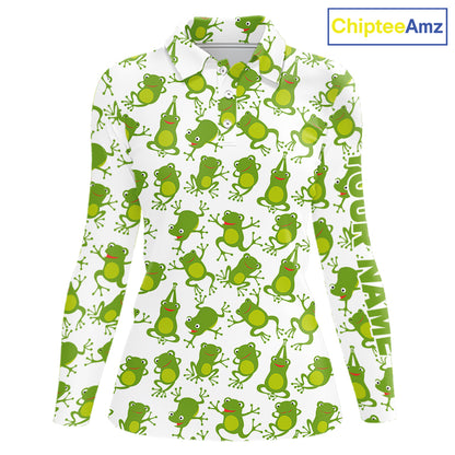 Funny Green Frog pattern Womens Golf polo shirts Custom golf attire for ladies, gift for golfers NQS11285
