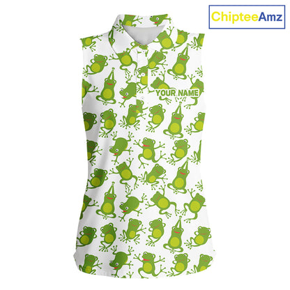 Funny Green Frog pattern Women Sleeveless polo shirt Custom golf attire for ladies, gift for golfers NQS11285
