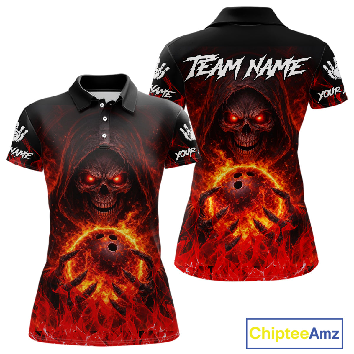 Black And Red Flame Skull Reaper Womens bowling shirt, Personalized Bowling Jerseys Women NQS11491