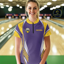 Load image into Gallery viewer, Purple And Yellow Custom bowling shirts for Women, Personalized bowling outfit team bowling jersey NQS11493