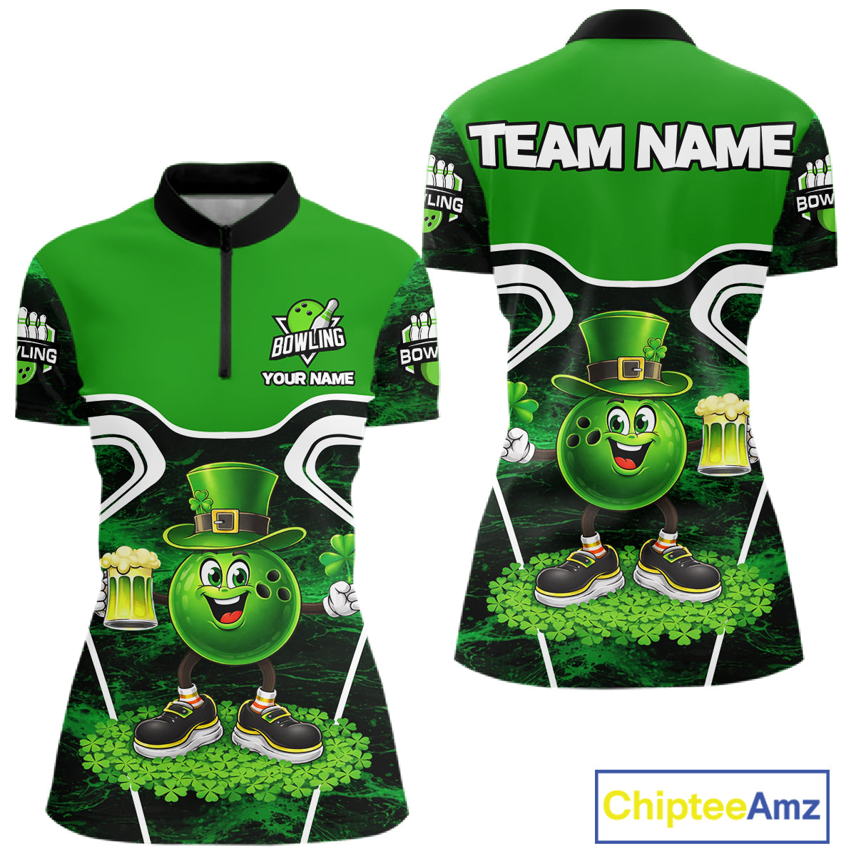 Funny Bowling and Beer Green Shamrock Bowling shirts for Women Custom St Patrick Team bowling Jerseys NQS11672