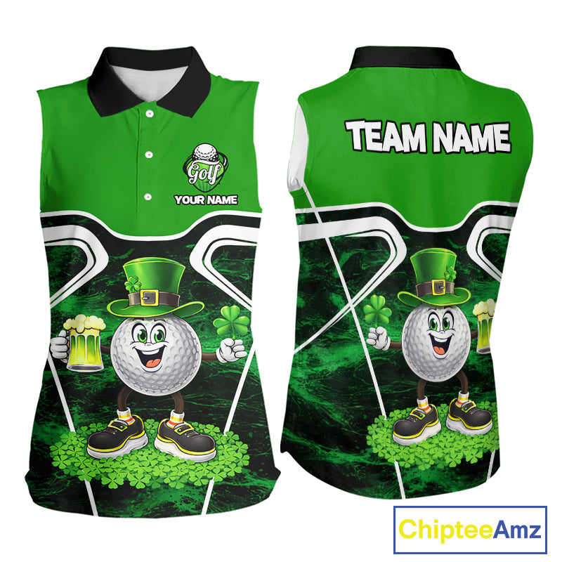 Funny Golf and Beer Green Shamrock Sleeveless Golf shirt Custom St Patrick Team Ladies Golf Jerseys NQS11673
