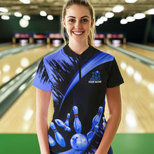 Load image into Gallery viewer, Personalized Black and Blue Bowling Polo, Quarter Zip Shirts For Women Custom Bowling Team Jersey NQS9723