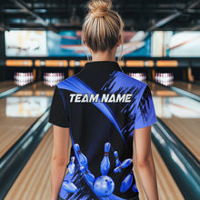 Load image into Gallery viewer, Personalized Black and Blue Bowling Polo, Quarter Zip Shirts For Women Custom Bowling Team Jersey NQS9723
