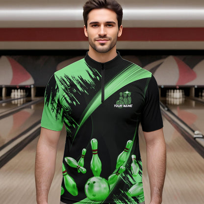 Personalized Black and Green Bowling Polo, Quarter Zip Shirts For Mens Custom Bowling Team Jersey NQS9724