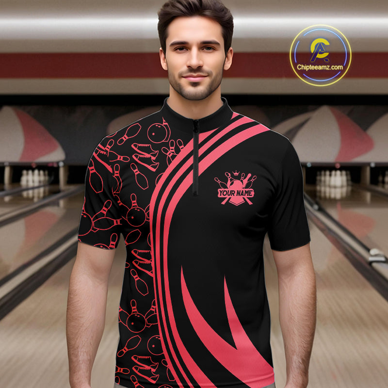 Black Mens bowling shirts Custom Red neon team league bowling jerseys, gifts for bowlers NQS9983