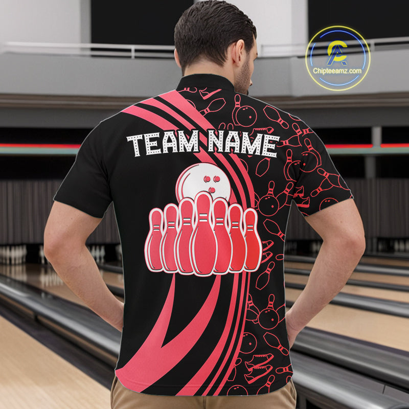 Black Mens bowling shirts Custom Red neon team league bowling jerseys, gifts for bowlers NQS9983