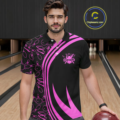 Black Mens bowling shirts Custom Pink neon team league bowling jerseys, gifts for bowlers NQS9984