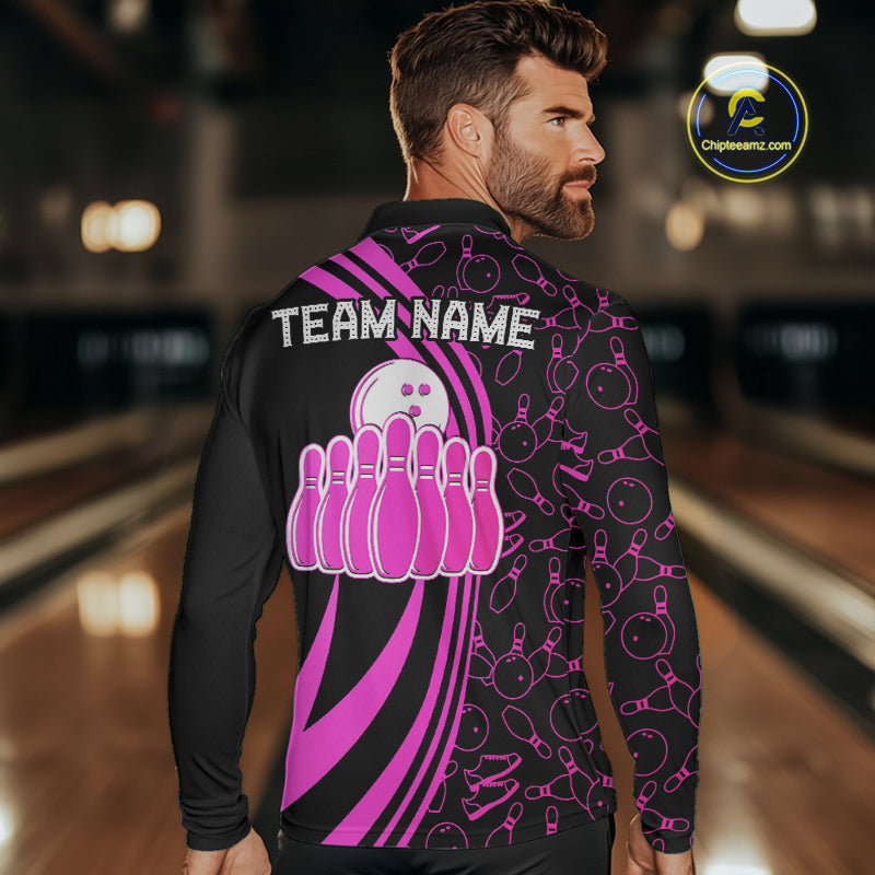 Black Mens bowling shirts Custom Pink neon team league bowling jerseys, gifts for bowlers NQS9984