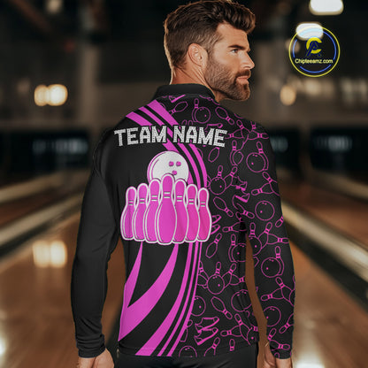 Black Mens bowling shirts Custom Pink neon team league bowling jerseys, gifts for bowlers NQS9984