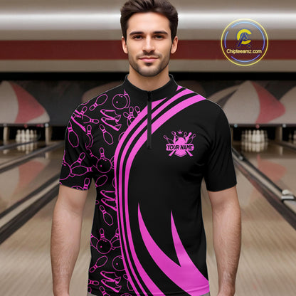 Black Mens bowling shirts Custom Pink neon team league bowling jerseys, gifts for bowlers NQS9984