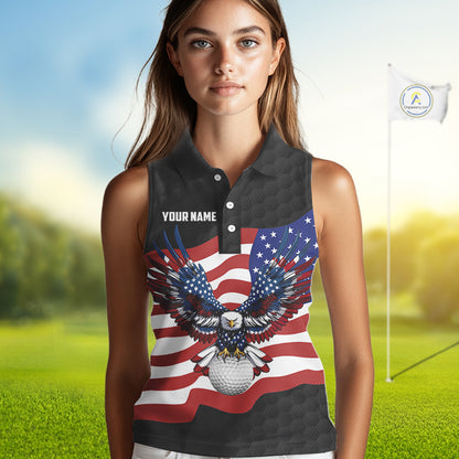 Black Golf pattern American Flag Eagle Women sleeveless golf polo shirts Custom patriotic golf attire NQS9986