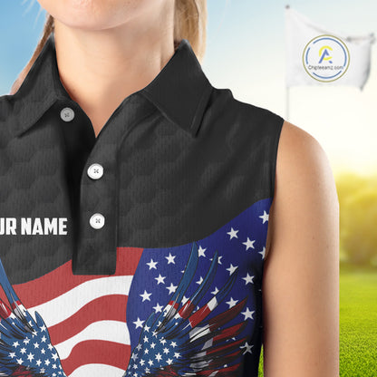 Black Golf pattern American Flag Eagle Women sleeveless golf polo shirts Custom patriotic golf attire NQS9986