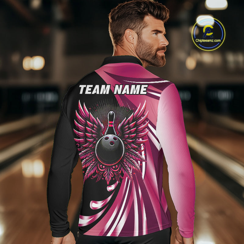 Black and Pink Bowling Ball and Pins wings Bowling Shirts for Men Custom Team Bowling Jerseys NQS10489