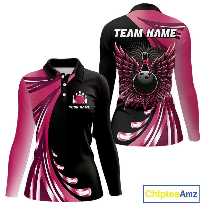 Black and Pink Bowling Ball and Pins wings Bowling Shirts for Women Custom Team Bowling Jerseys NQS10489