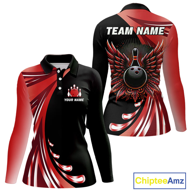 Black and Red Bowling Ball and Pins wings Bowling Shirts for Women Custom Team Bowling Jerseys NQS10491