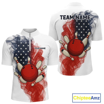Custom Smoke American Flag White Bowling Shirts for Men Personalized Patriotic Team Bowling Jerseys NQS10495