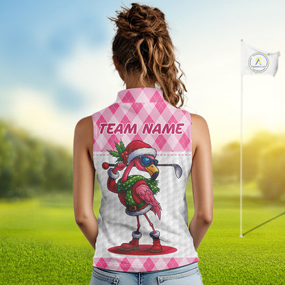Funny Christmas Flamingo Women sleeveless polo shirt custom pink argyle pattern white golf apparel NQS11087