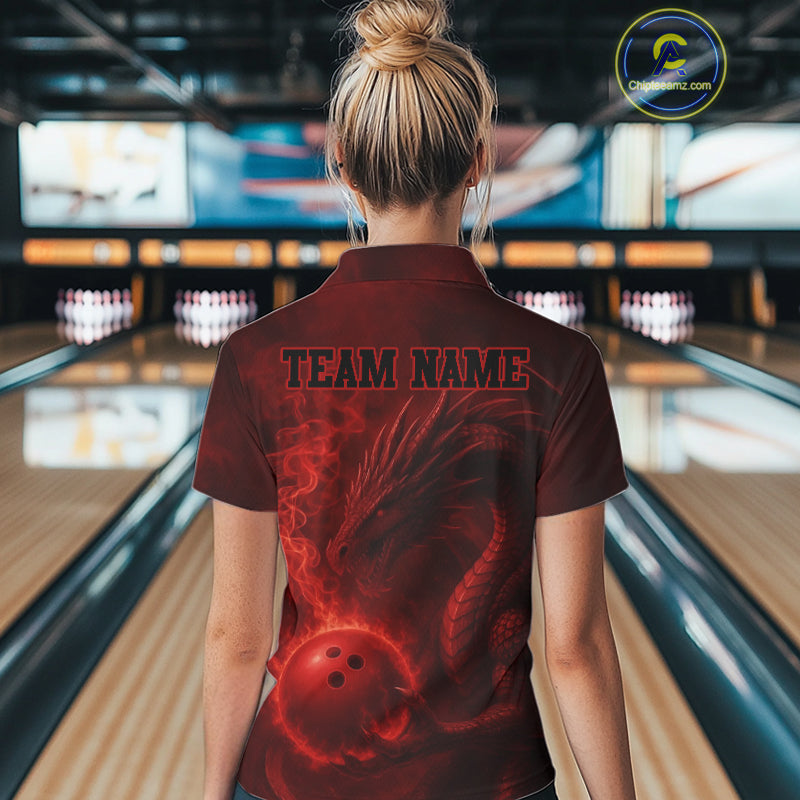 Red Flame Dragon Bowling Polo, 1/4 Zip Shirts For Women Custom Name Team Bowling League Jersey NQS11092