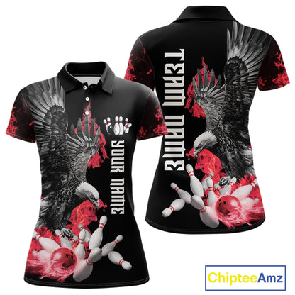 Custom Red Flame Black Eagle Bowling Polo, Quarter Zip Shirt For Women, Team Bowling Clothes NQS11500