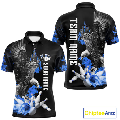 Custom Blue Flame Black Eagle Bowling Polo, Quarter Zip Shirt For Men, Team Bowling Clothes NQS11501