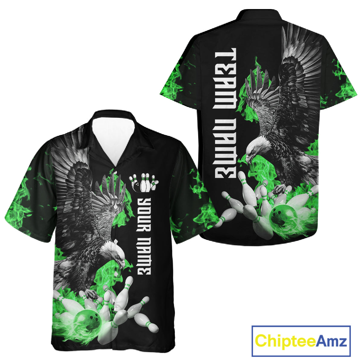 Custom Green Flame Black Eagle Bowling Hawaiian Shirt, Team Bowling Button up Clothes NQS11502