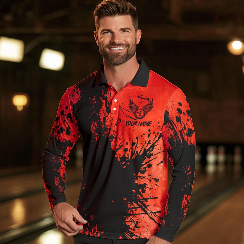 Black and Red Mens Bowling Polo, Quarter Zip Shirts Custom Bowling Team League Jerseys NQS9569