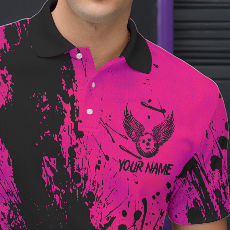 Black and Pink Mens Bowling Polo, Quarter Zip Shirts Custom Bowling Team League Jerseys NQS9570