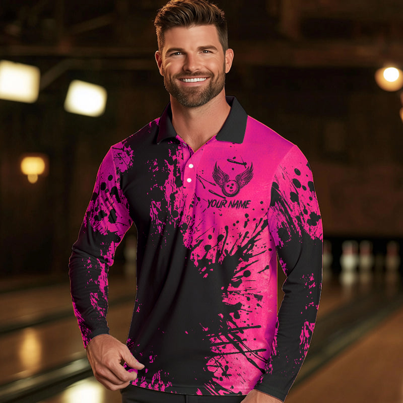 Black and Pink Mens Bowling Polo, Quarter Zip Shirts Custom Bowling Team League Jerseys NQS9570