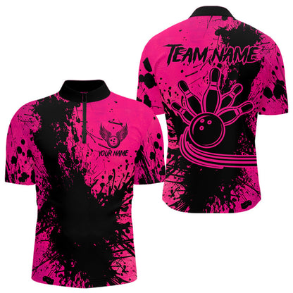 Black and Pink Mens Bowling Polo, Quarter Zip Shirts Custom Bowling Team League Jerseys NQS9570