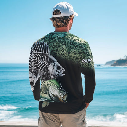 Crappie Reaper Skeleton Green scales Custom Long Sleeve Fishing Shirts, Personalized Fishing Gifts NQS9573