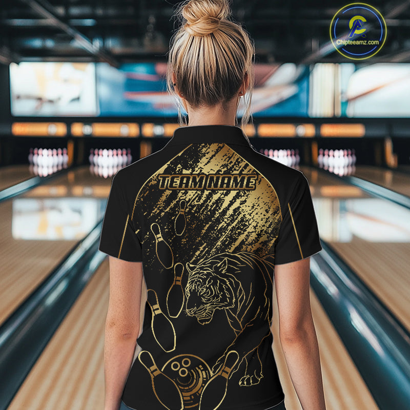 Personalized Black & Gold Tiger Bowling Polo, Quarter Zip Shirts For Women Custom Bowling Team Jersey NQS10281