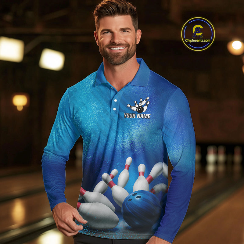 Custom Blue Bowling Team Mens Polo, Quarter-Zip Shirts, custom bowling jersey with name NQS10282