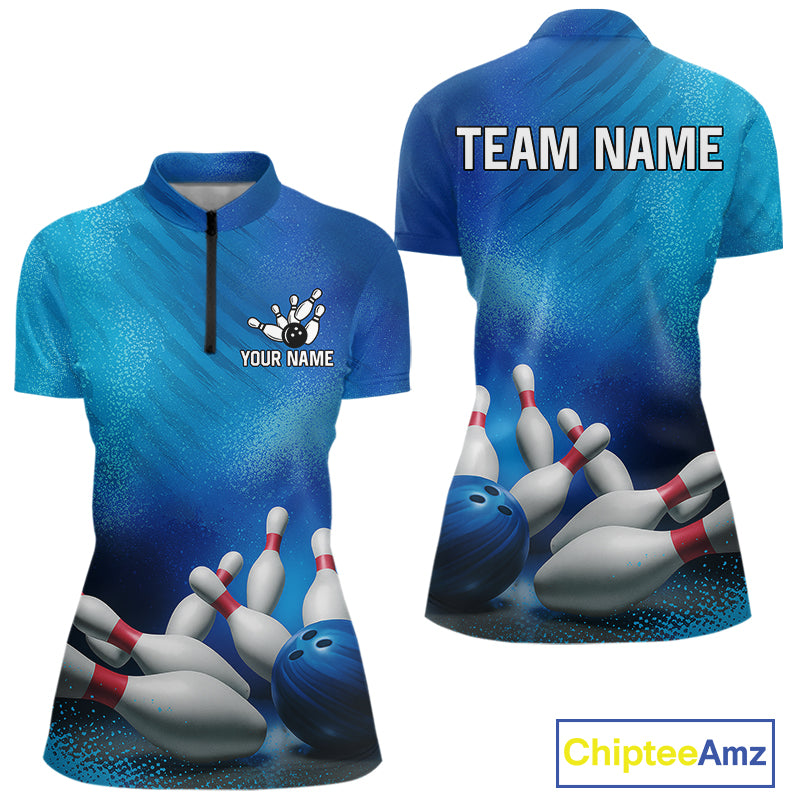 Custom Blue Bowling Team Women Polo, Quarter-Zip Shirts, custom bowling jersey with name NQS10282