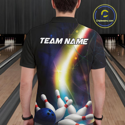Custom Rainbow Lights Bowling Polo, 1/4 Zip Shirt For Men, Personalized bowling team jersey with name NQS10283