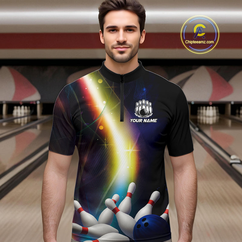 Custom Rainbow Lights Bowling Polo, 1/4 Zip Shirt For Men, Personalized bowling team jersey with name NQS10283